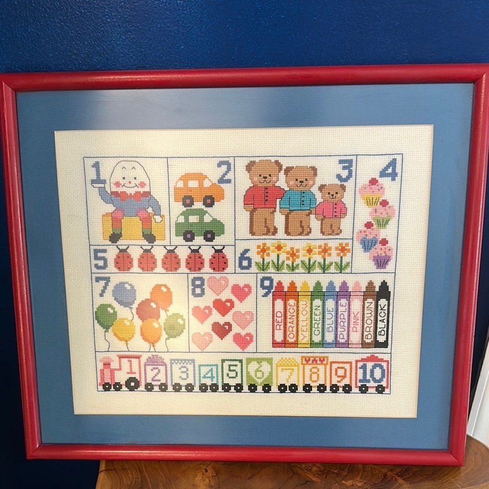 Vintage Professionally Framed Cross Stitch Artwork Featuring Number Counting